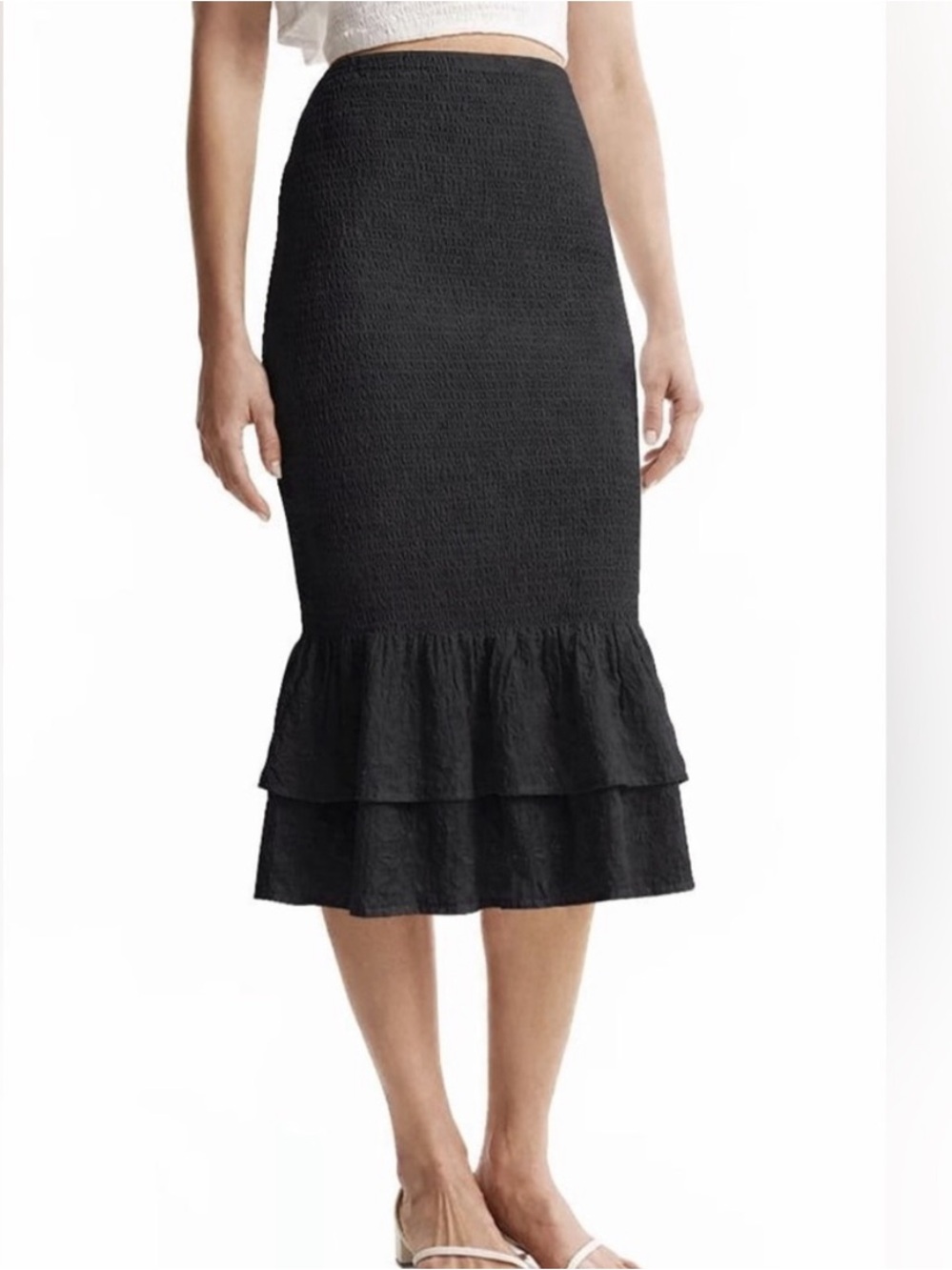 Abercrombie & Fitch Black Textured Ruffle-Hem Midi Skirt